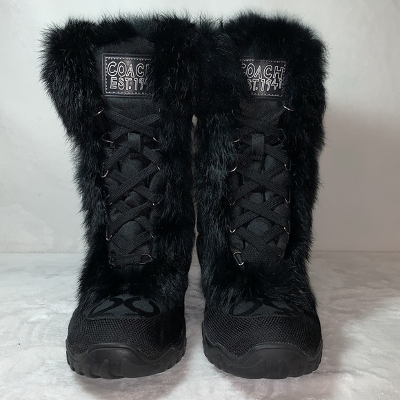 Coach Jennie Rabbit Fur Trimmed Snow Boots Logo Jacquard women’s size 6 - Picture 2 of 6